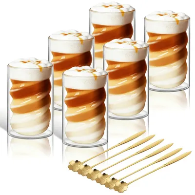 Immagine prodotto di Set di 6 bicchieri per Latte Macchiato, capacità 400 ml, a doppia parete, in vetro borosilicato, con 6 cucchiaini