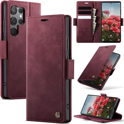 Obrázek produktu pro Kožené pouzdro pro Samsung Galaxy S23 Ultra, RFID ochranou, magnetickým zavíráním, přihrádkami na karty a funkcí stojánku Červený