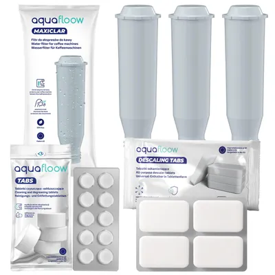 Obrázek produktu pro Sada vodních filtrů AquaFloow pro Krups – 3x filtr + tablety na odstraňování vodního kamene a čištění, kompatibilní s modelem F088
