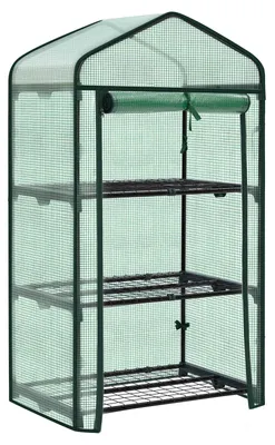 Produktbild von Pflanzenregal - Pflanzenständer - 3 Ablagen - Aufrolltür - Winterfest - Metall - 69 x 125 x 49 cm - Grün
