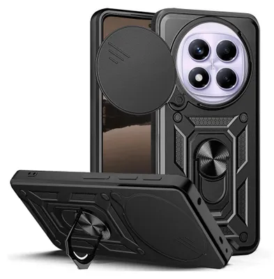 A black phone case with a camera cover and a ring stand, shown from multiple angles.
