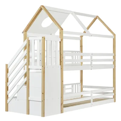 Produktbild von Merax Etagenbett 90x200cm mit Treppe und Rausfallschutz, Kinderbett mit Fenster und Dach, Hausbett Jugendbett Massivholzbett Stockbett, Weiß/Natur