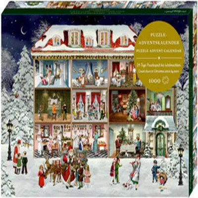 A festive, snowy scene depicting a dollhouse-like advent calendar with various Christmas scenes inside each window.