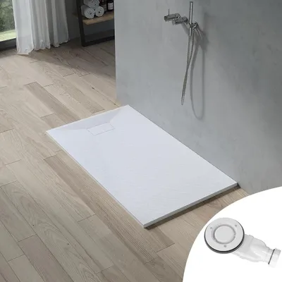 Produktbild von AQUABATOS SMC Duschwannen für badezimmer antirutsch, schieferoptik duschtasse rechteckig, modern-design brausewanne weiße extra-flach 140x80cm mit Abdeckung Siphon/Ablaufgarnitur