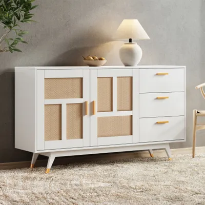 Produktbild von Sideboard,Schrank Multifunktionaler Aufbewahrungsschrank 2 Rattan Türen 3 Schubladen Mehrzweckschrank 160*40*87cm