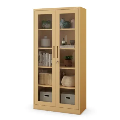 A beige metal cabinet with glass doors and shelves, filled with decorative items and books.