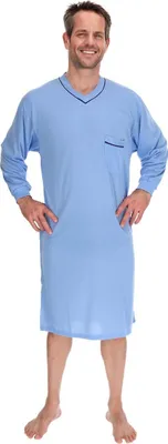 Produktbild von Nachthemd Herren langer Arm Nachtkittel Nachtgewand Schlafhemd Nachtwäsche, Größe:M, Farbe:Taubenblau