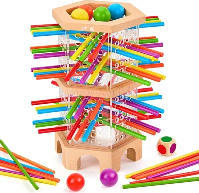Produktbild von Montessori Spiel Holz, Würfelspiele für Kinder ab 3 4 5 6 Jahren, 42 Bunte Holzstäbchen Holzspielzeug Familienspiele Kinderspiele, Lernspiele