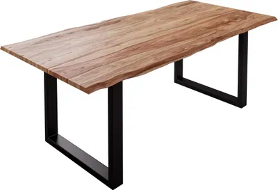 Produktbild von Baumkantentisch 200x100cm Mailand, Sheesham-Holz naturbelassen, Esstisch mit echter Baumkante, massiver Esszimmertisch mit U-Gestell Mattschwarz, Tischplatte 26mm