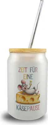 Produktbild von Fröhliche Maus auf Käse Trinkglas mit Bambusdeckel Käsepause