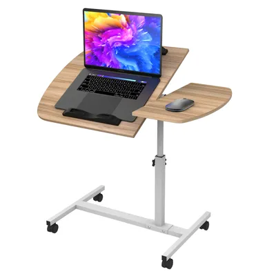 A mobile laptop table with wheels and brakes, adjustable height, and a laptop and mouse on it.