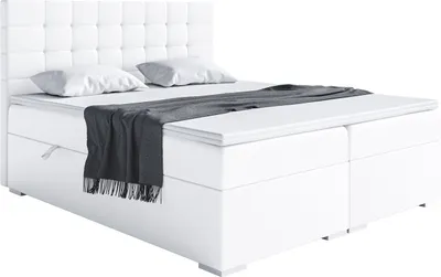 Produktbild von MEBLINI Boxspringbett mit Bettkasten - Gepolstert Doppelbett mit Matratze und Topper - Polsterbett mit Stauraum - Bett mit Kopfteil - Stauraumbett - CLAUDIA - 140x200 - H3/Weiß Kunstleder