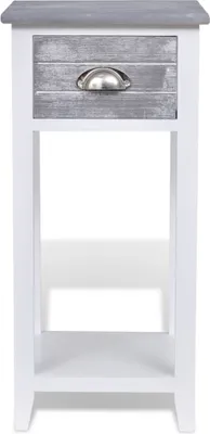 A white nightstand with a gray drawer and a silver handle, shown against a white background.