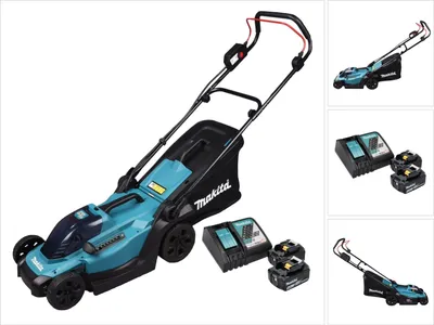 A collage of images showing a Makita cordless lawnmower and its accessories.