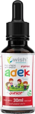 A bottle of WISH ADEK Forte Junior vitamins with a dropper.
