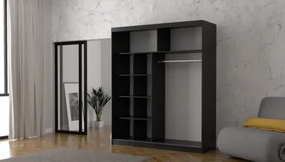 Produktbild von Schwebetürenschrank Kleiderschrank Schrank Garderobe Spiegel Torino (Schwarz/Schwarz) + Spiegel 200cm