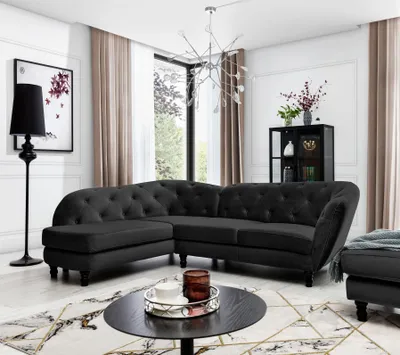 Produktbild von Ecksofa Designersofa CHARLOTTE in Stoff Matt Velvet Schwarz Ottomane Links