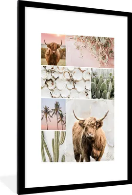 Produktbild von MuchoWow® Gerahmtes Poster Schottische Highlander - Collage - Pflanzen 60x90 cm - Poster mit Schwarzem Bilderrahmen Wandposter Rahmen Foto Bilder - Dekoration - Wandposter Wohnzimmer - Hochwertig