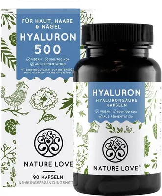 Zdjęcie produktu dla Nature Love® Kwas hialuronowy z cynkiem | 90 kapsułek | 500 mg czystego kwasu hialuronowego na kapsułkę | 3-miesięczny zapas | bez dodatków | wegański