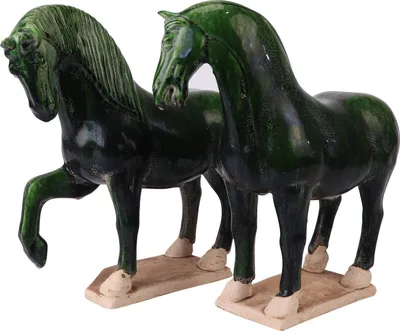 Zdjęcie produktu dla Fine Asianliving Chinese Horse Tang Dynasty Terracotta Ceramic Green Handmade Set/2 W41xD15xH41cm