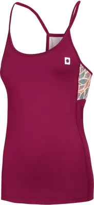 Bordeauxfarbenes Top "Arista Top" von Ocun mit dünnen Trägern und floralem Muster auf der Seite.