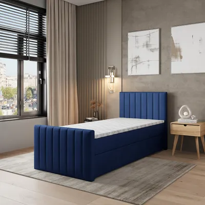 Produktbild von Masseno Boxspringbett ARION 90 90x200 cm Komplett-Set mit Bonell Matratze und Topper, Polsterbett mit Bettkästen -Blau, KRONOS 09