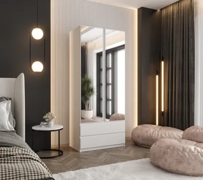 Obrázek produktu pro Šatní skříň bílá 70 cm – skříň s otočnými dveřmi 190x70x48 cm – se 2 zrcadly, tyčí na ramínka, policemi a 2 velkými zásuvkami – skříň do ložnice