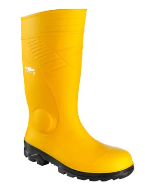 A studio shot of a yellow safety boot with a black sole.