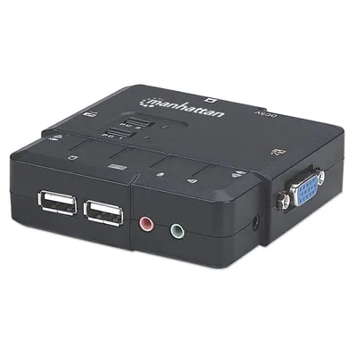 Produktbild von Manhattan 2-Port Kompakt-KVM-Switch mit Audio, USB, mit Kabeln und Audiounterstützung, 1600 x 900 Pixel, HD+, Schwarz