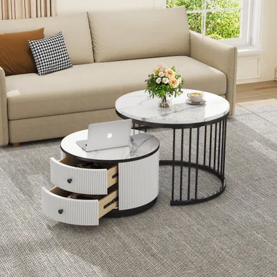Produktbild von okwish Couchtisch 2er-Set, Satztisch Beistelltisch mit 2 Schubladen für Schlafzimmer Balkon, Satztische fürs Wohnzimmer, Wohnzimmertisch mit Marmor Optik , Schwarz
