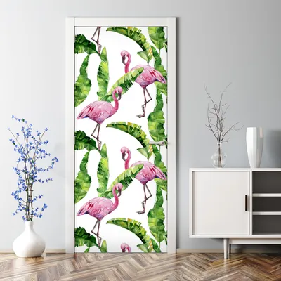 Produktbild von Dekorative Türtapete selbstklebend Türposter Tapete Türaufkleber Flamingo und Blätter 85 x 200 cm