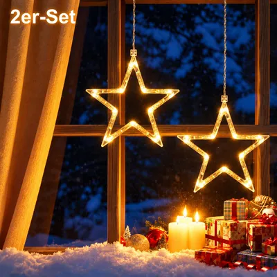 Produktbild von LED Weihnachtsstern Fensterdeko 2er-Set, Weihnachtsbeleuchtung mit Saugnapf, batteriebetrieben, 2 Lichtmodi, 6/18h Timer, warmweiß 3600K, 10 LEDs, Dek