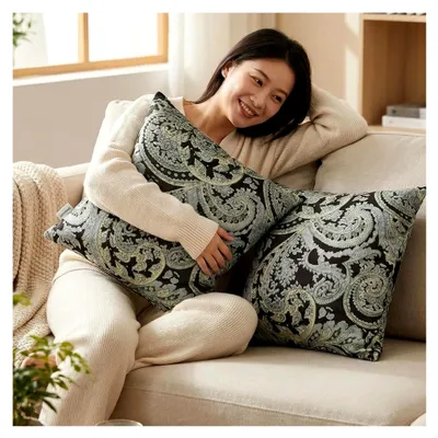 Produktbild von Samtkissenbezug mit schwarzer Spitze und silbernem Paisleymuster, 45 x 45 cm, 2er-Set, weicher Stoff mit verdecktem Reißverschluss, maschinenwaschbar