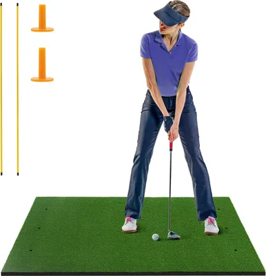 Produktbild von GOPLUS Golf Abschlagmatte, 152x92 cm Golf Übungsmatte mit 2 Ausrichtungsstäben, 2 Golf Tees & 6 Positionen, Golf Trainingsmatte für drinnen & draußen
