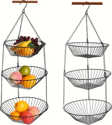 Produktbild von Aufbewahrungswerkzeug Drei Schicht Schwarz Falten Obst Hängekorb Hohler Hängekorb Home Lagerung Eisen Blumenkorb