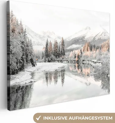 Produktbild von MuchoWow® - Leinwandbilder - Natur - Winter - Bäume - Berge - Schnee, Wandbild, Wanddeko Bilder Wohnzimmer, 120x90 cm