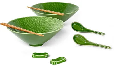 Obrázok produktu pre Sada keramických misiek na ramen, 2 kusy, objem 1100 ml, tmavozelená, vrátane lyžice a paličiek