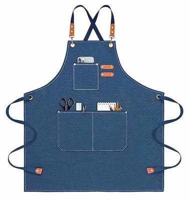 Productafbeelding van Unyqoos® kook- en werkschorten van katoenen canvas voor heren en dames – verstelbare kruisbanden, waterdicht, 78x68 cm (maat M–XXL), blauw, met 3 zakken