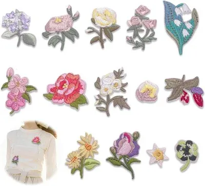 Produktbild von 14 Stickereiblumen zum Aufbügeln - Gebordete Blumen Aufkleber