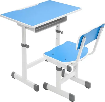 Obrázok produktu pre Výškovo nastaviteľný detský stôl so stoličkou - Súprava - Stolová doska 70 × 50 cm - Stolička 36-42 cm - Oceľová a ekologická doska - Nosnosť 300 kg - Modrá/biela