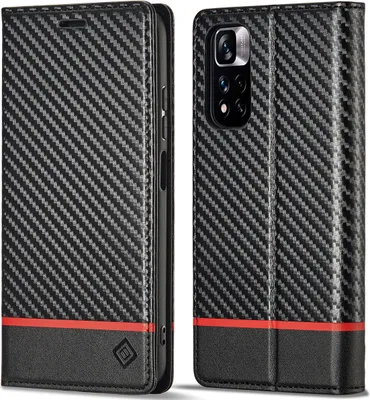 Produktbild von Hülle für Xiaomi Redmi Note 12 Pro 4G Kohlefaser Leder Brieftasche Schutzhülle mit Standfunktion Schwarz Horizontal Rot