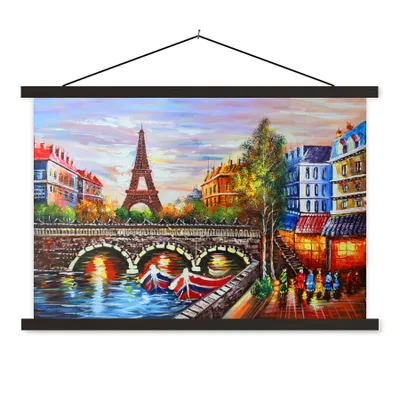 Produktbild von MuchoWow® Textilposter Gemälde - Öl - Eiffelturm - Paris - Wasser 150x100 cm mit schwarzem Rahmen - Schlafzimmer
