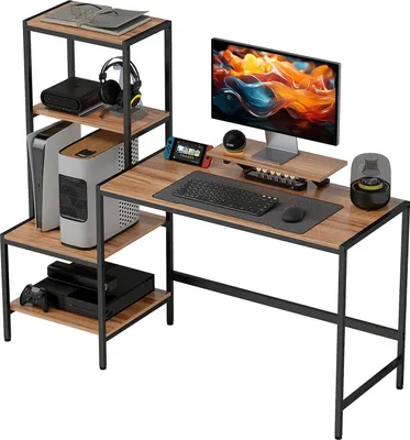 Obrázek produktu pro Stolní počítačový stolek se stojanem na monitor, stojan na CPU, kancelářský stůl s policí na tiskárnu, PC stolek se 4 policemi, moderní design pro domácí kancelář, 150 x 48 x 125 cm, hnědá