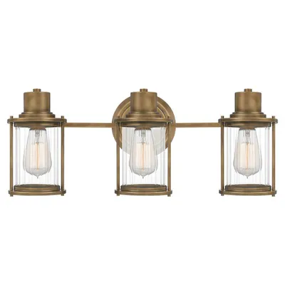 Immagine prodotto di Applique da bagno Riggs in ottone invecchiato, 3xE27x40W, metallo, dimensioni: 21,8x56x17,9 cm, IP44, Quoizel