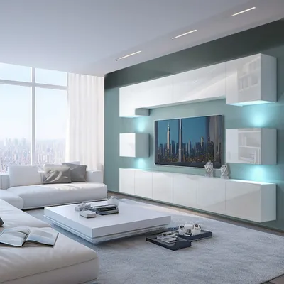 Produktbild von Moderne Wohnwand 3W, Fronten Weiß Hochglanz, mit LED Beleuchtung., Ohne Griffe. Breite 300 cm.