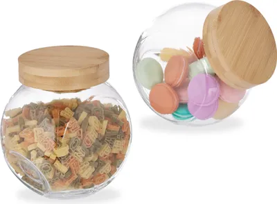 Produktbild von Relaxdays Bonbonglas mit Bambusdeckel, 2er Set, Vorratsgläser Süßigkeiten, Candy Bar Zubehör, 1,5 l, transparent/natur