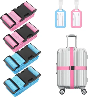 Produktbild von Flintronic 4-Stück Premium Gepäckgurt Koffergurt Kofferband Einstellbare rutschfest Gepäckband Lang kofferbänder Luggage Strap + 2 Stück Kofferanhänger Sicher Reisen für Koffer - Rosa + Blau
