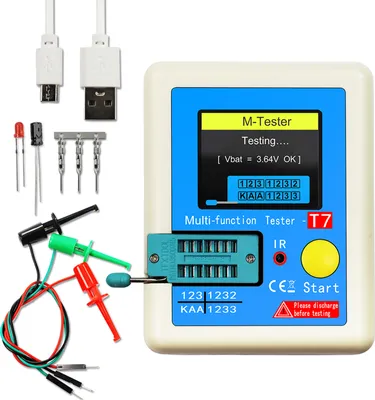 A multi-function tester and its accessories are laid out on a white background.