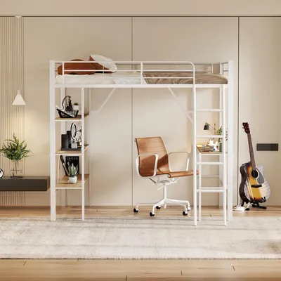 A loft bed with a desk and shelves underneath, set up in a room with a chair and a guitar.