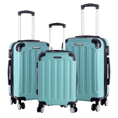 Three teal suitcases of different sizes are displayed against a white background.